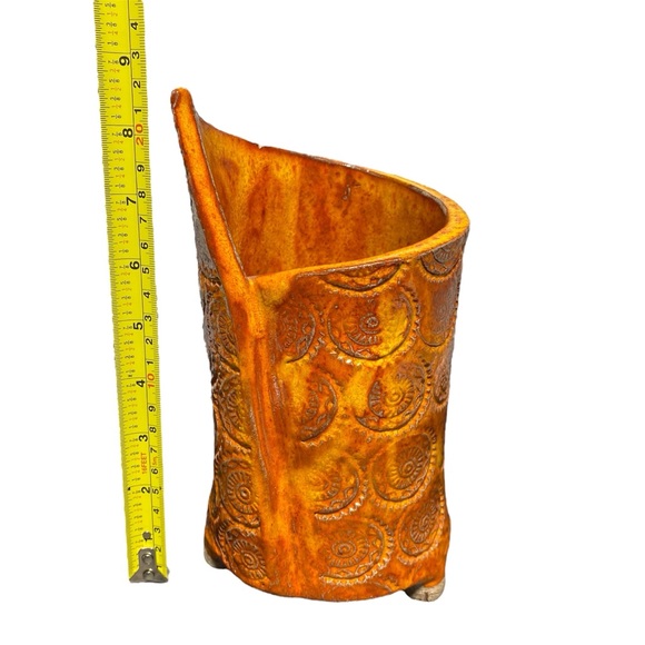 Handcrafted Pottery Vintage Planter Vase Copper Orange Abstract Mandala Pattern - Picture 8 of 13